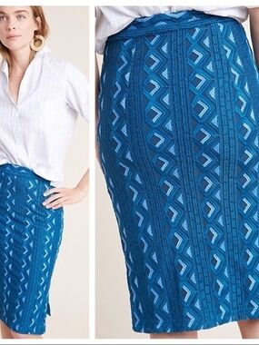 Anthropologie Blue Geometric Lace Pencil Skirt